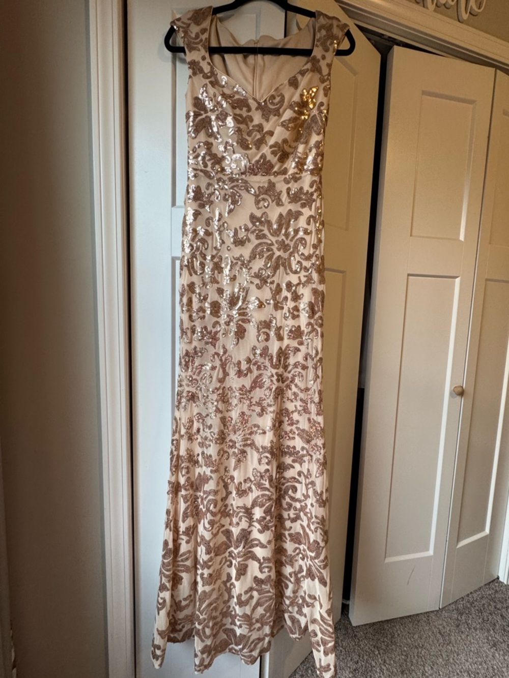 Sleeveless Sequined Floral Evening Gown in Champagne